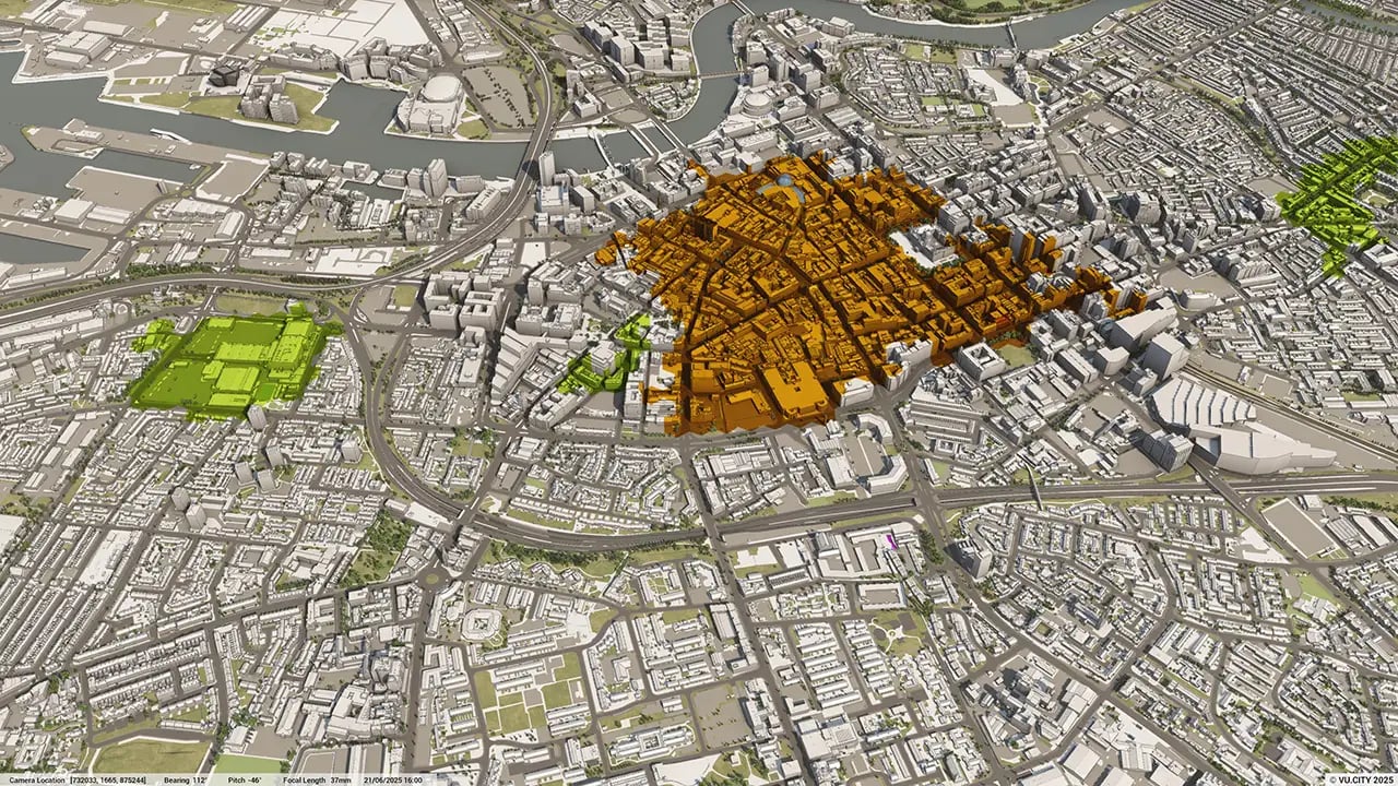VU.CITY Belfast Data Retail Boundaries - visualised in a digital twin 3D model