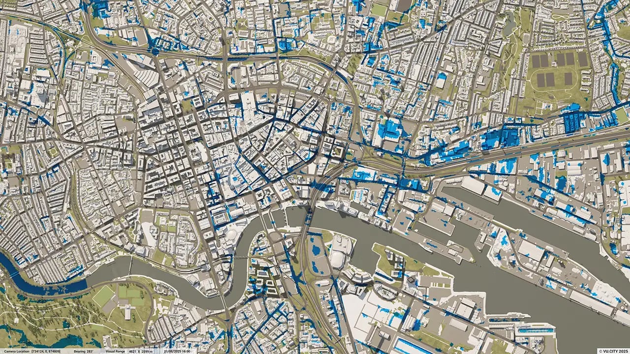 VU.CITY Belfast Data Flood Risk - visualised in a digital twin 3D model