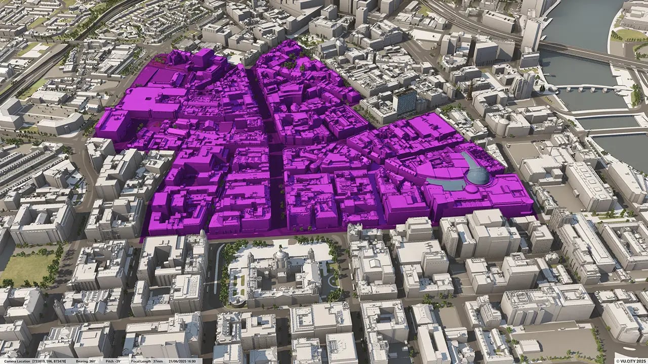 VU.CITY Belfast Data Primary Retail Core - visualised in a digital twin 3D model