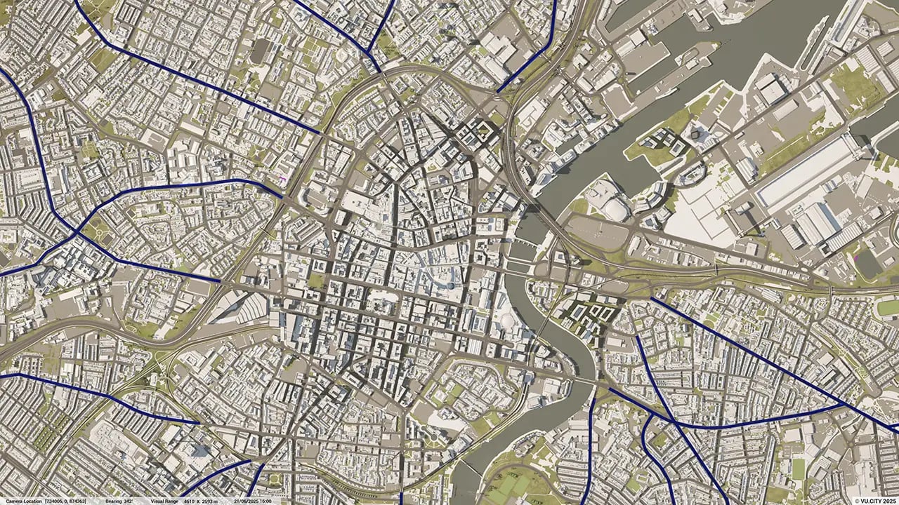 VU.CITY Belfast Data Arterial Routes - visualised in a digital twin 3D model