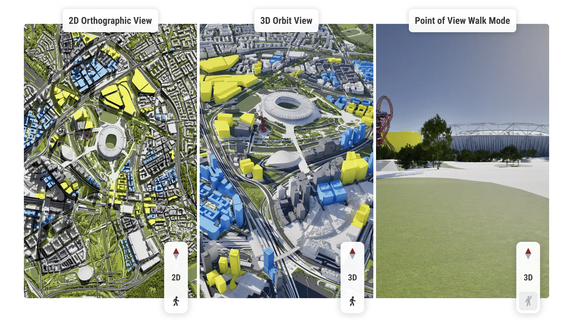 VU.CITY 2D view, 3D view and Point of View (POV) mode