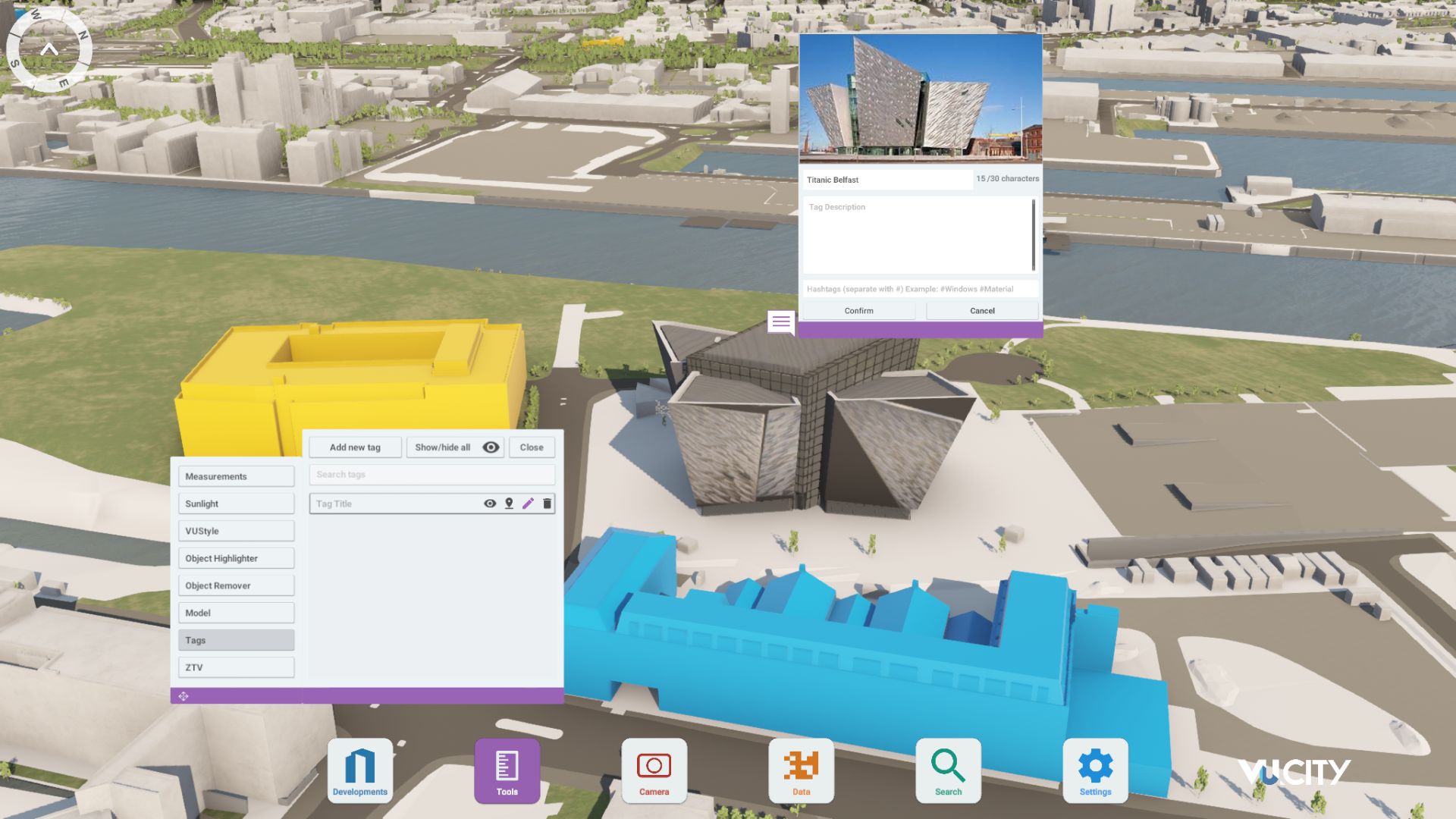 Collaborate in VU.CITY Belfast's Digital Twin 3D Model. Annotate and tag your team and stakeholders