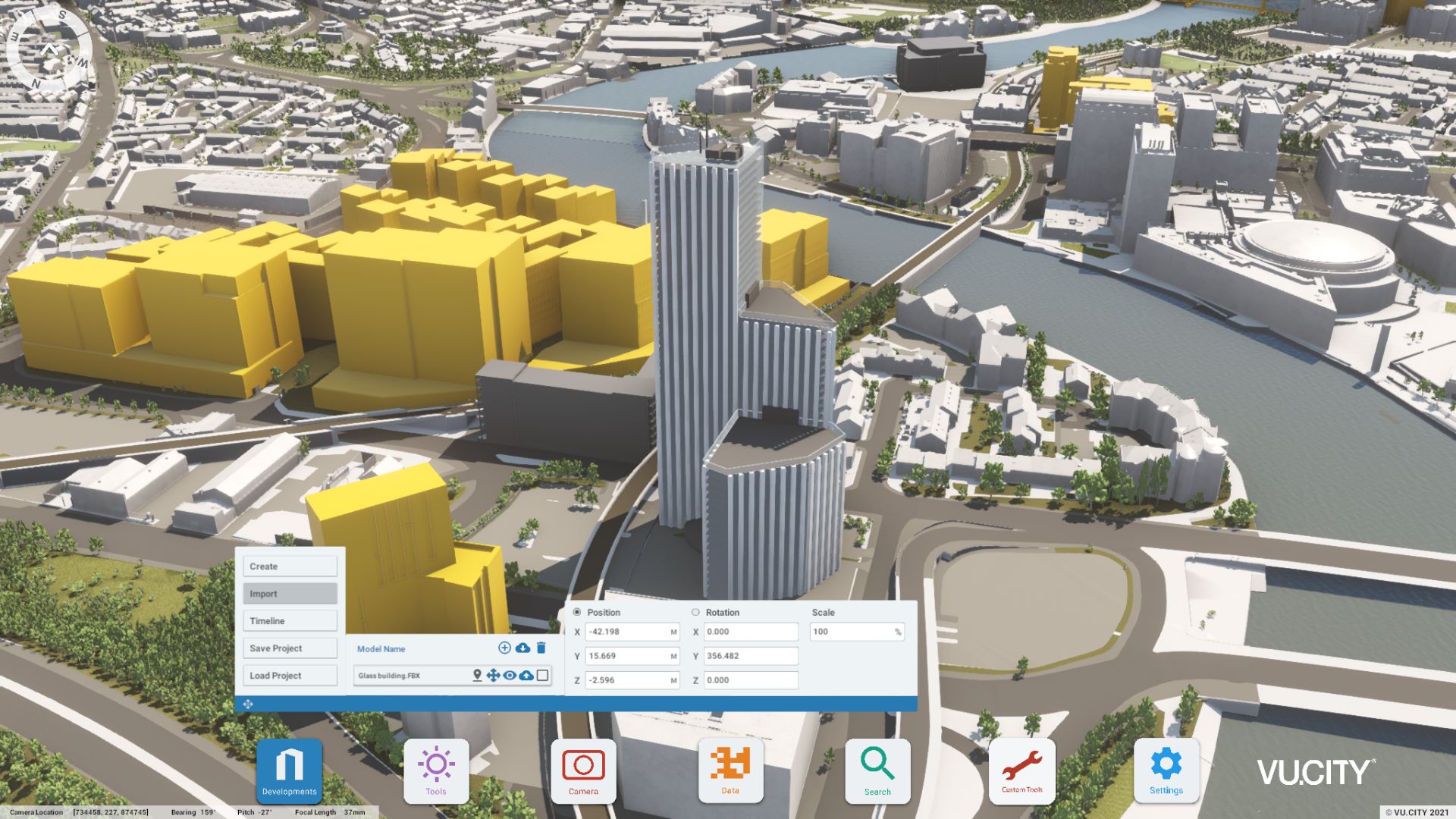 Easily import your designs from external 3D software such as Revit, Rhino, SketchUp & 3ds Max into the model of Belfast and test how they will work in situ