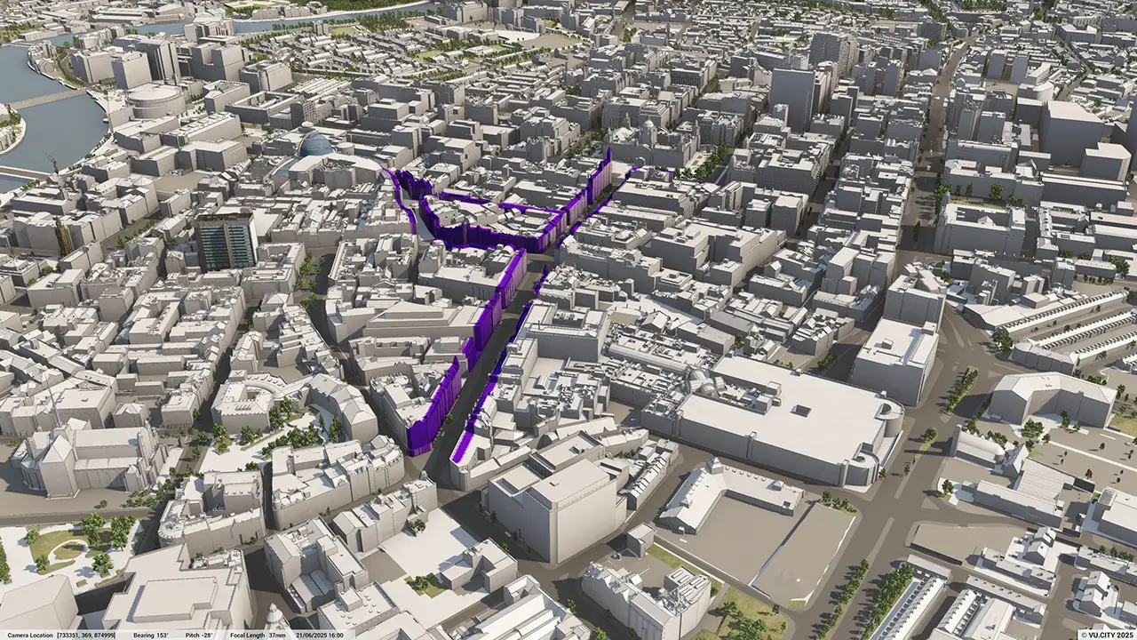 VU.CITY Belfast Data Primary Retail Frontage - visualised in a digital twin 3D model