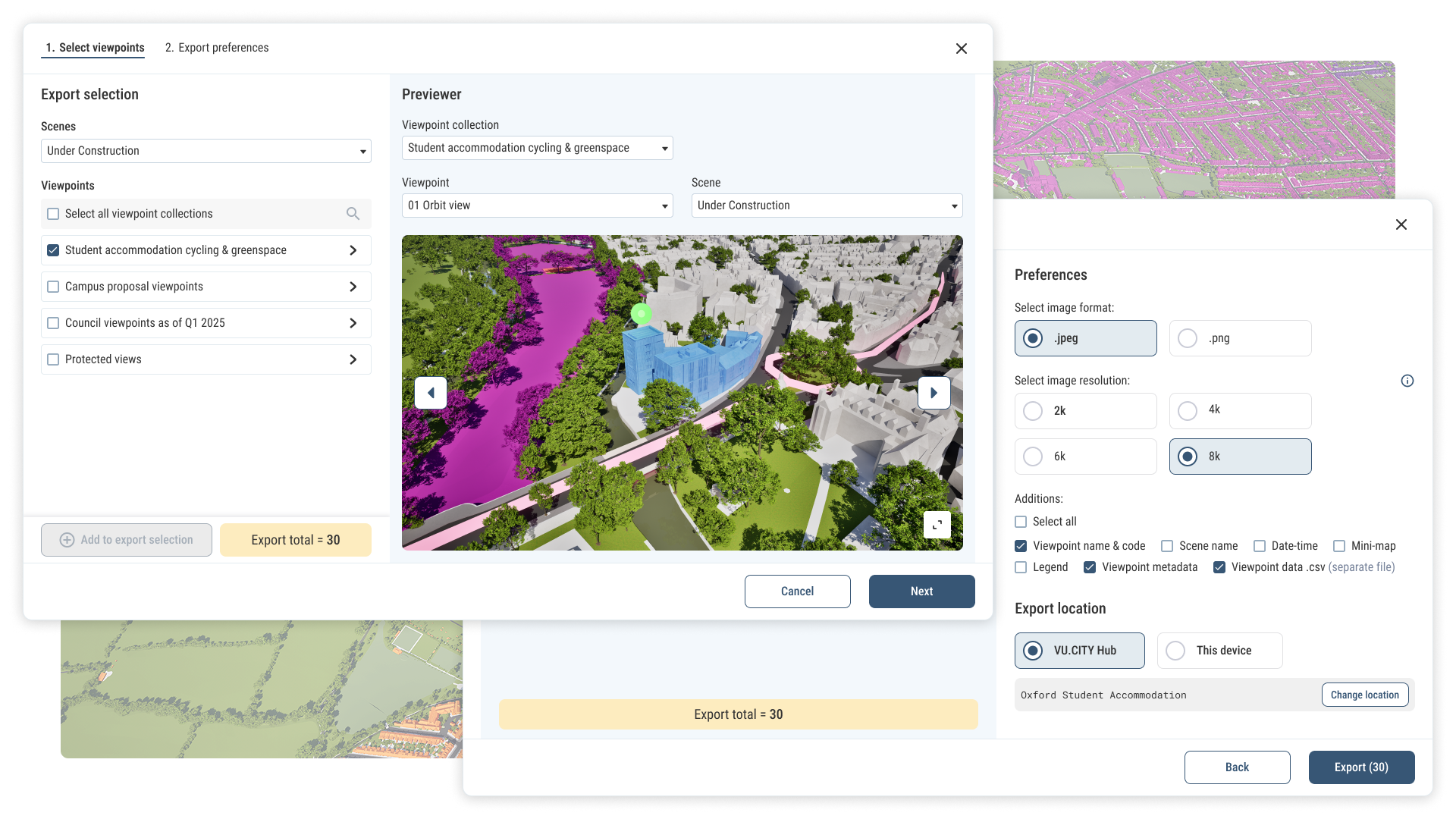 Up to 8K image capture and viewpoint export in VU.CITY