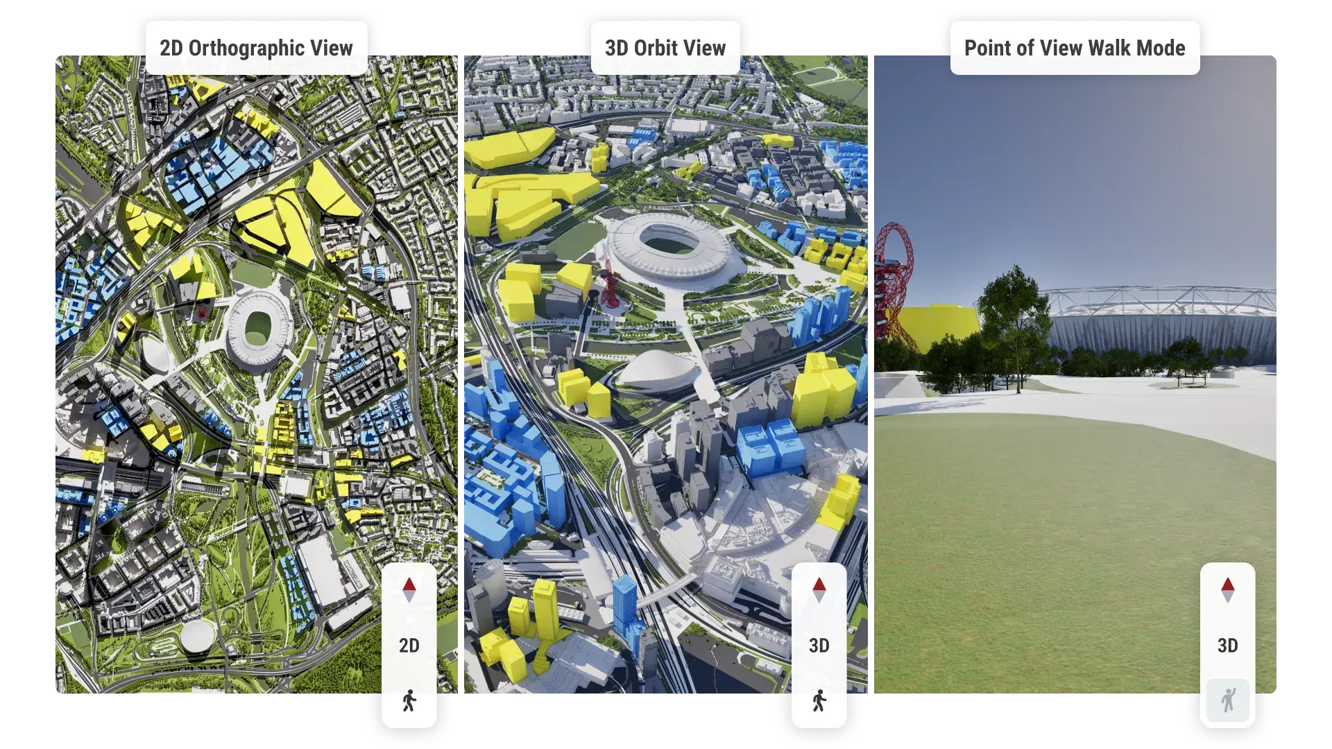 VU.CITY 2D view, 3D view and Point of View (POV) mode