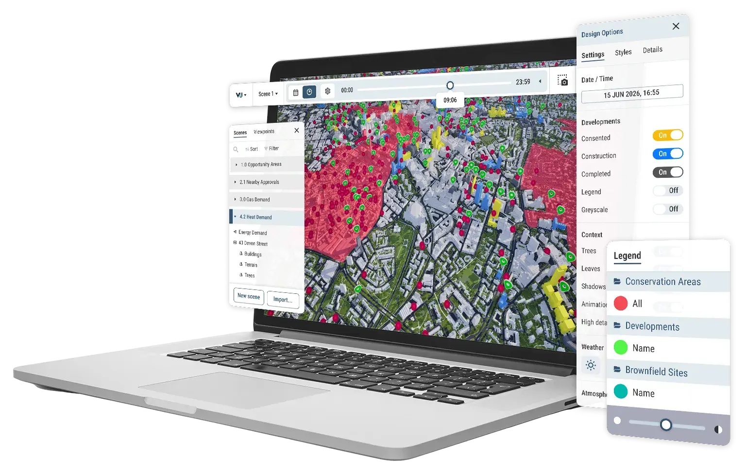 VU.CITY on a laptop showing scene manager, consented timeline, point and area data VU.CITY on a laptop showing scene manager, consented timeline, point and area data