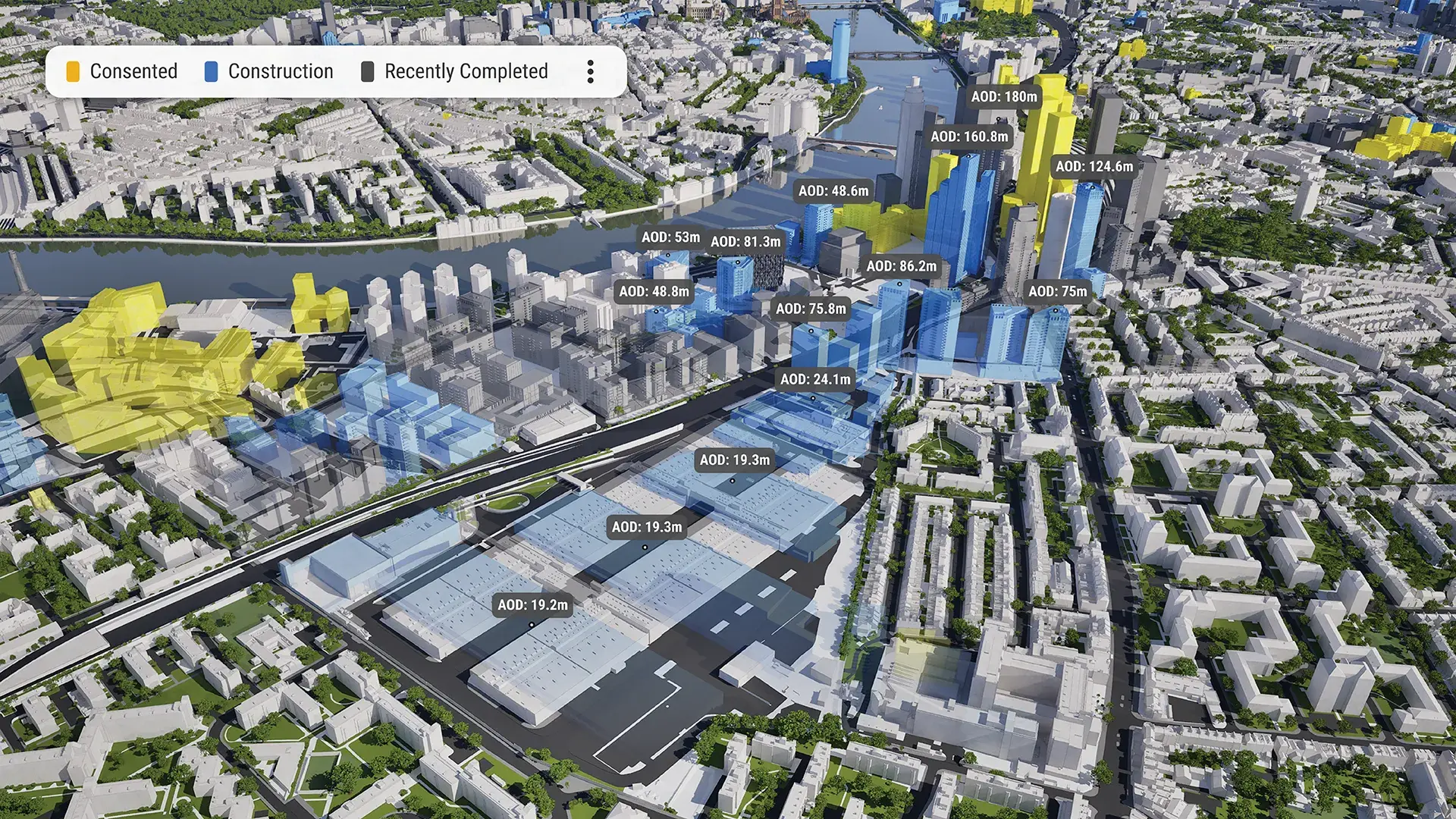 VU.CITY timeline tool showing consented, under construction and recently completed buildings around Nine Elms, London